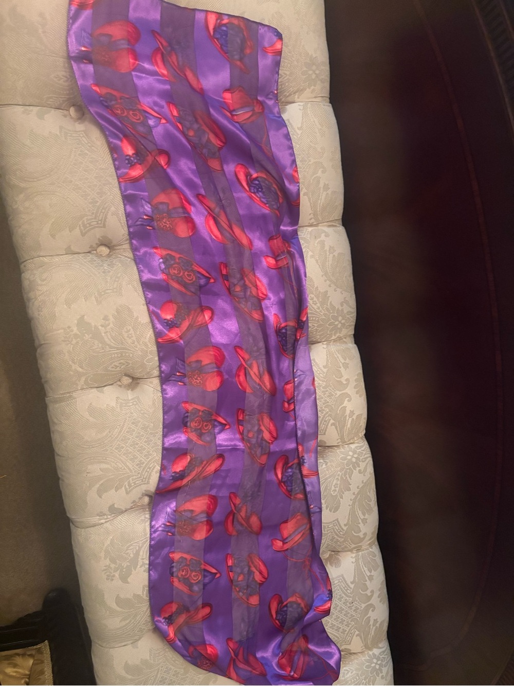 Satin Purple Scarf with Red Hat Print. Perfect for the red hat Club.